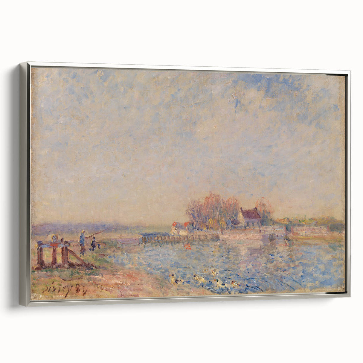 Landscape art painting of a tranquil river scene by Alfred Sisley, in a silver framed canvas.