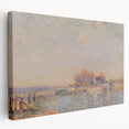 A large canvas print featuring an Alfred Sisley landscape with soft green and blue tones, ideal for kitchen wall art.