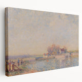 A large canvas print featuring an Alfred Sisley landscape with soft green and blue tones, ideal for kitchen wall art.