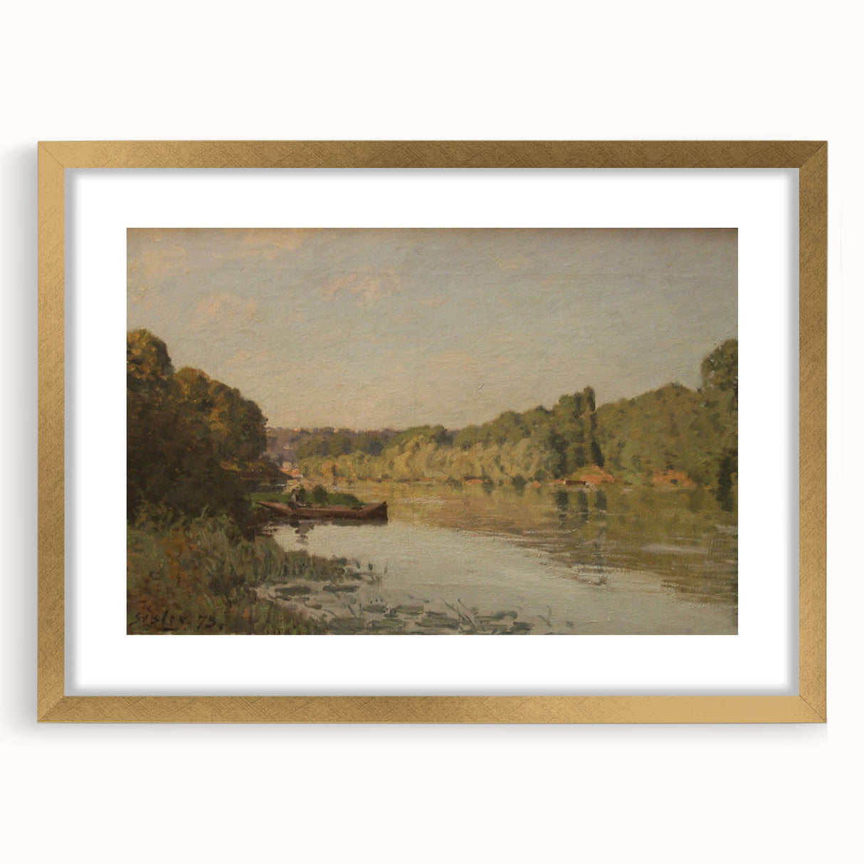 Extra large abstract art print featuring textured brushstrokes in earthy tones on a gold-framed canvas.