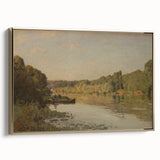 Framed canvas of Alfred Sisley's landscape painting in muted green and blue tones, ideal for bedroom wall art.