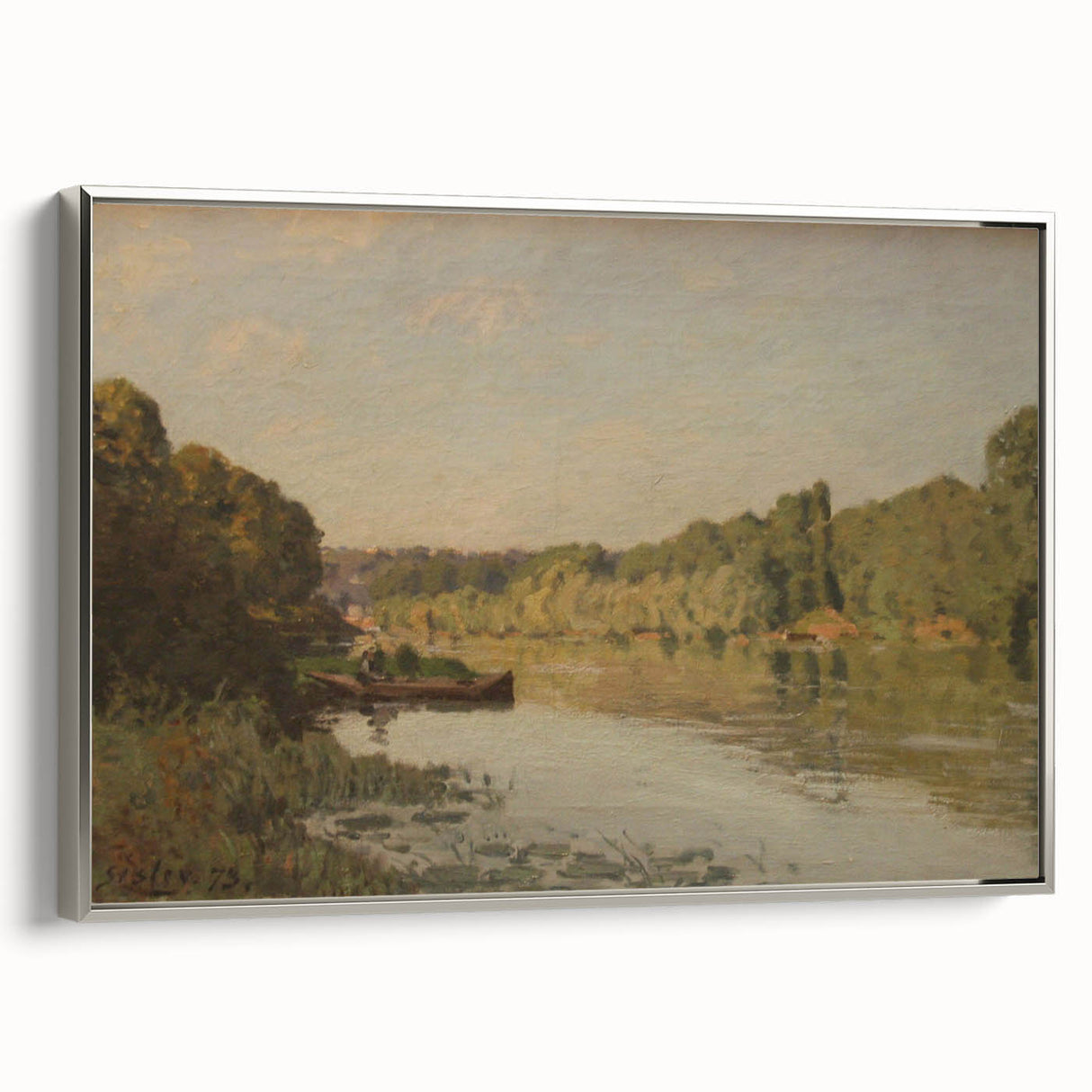 Landscape art painting of a serene river scene with muted greens and blues on a framed canvas, suitable for a living room.