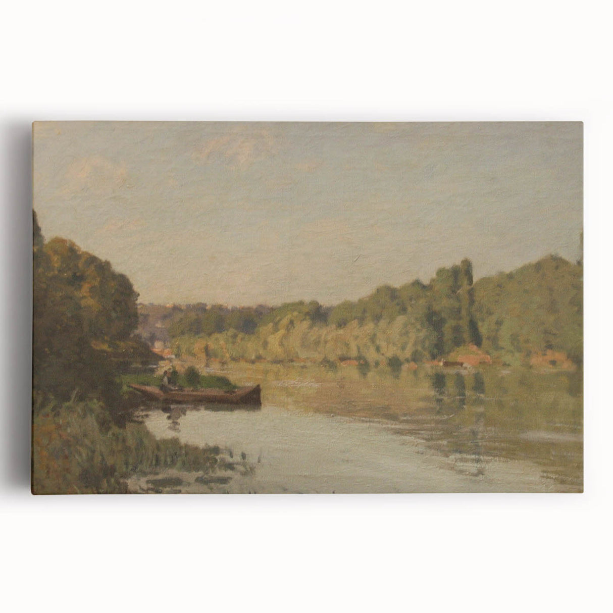Black and white painting of a serene landscape on stretched canvas, ideal for kitchen art.