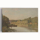 Black and white painting of a serene landscape on stretched canvas, ideal for kitchen art.