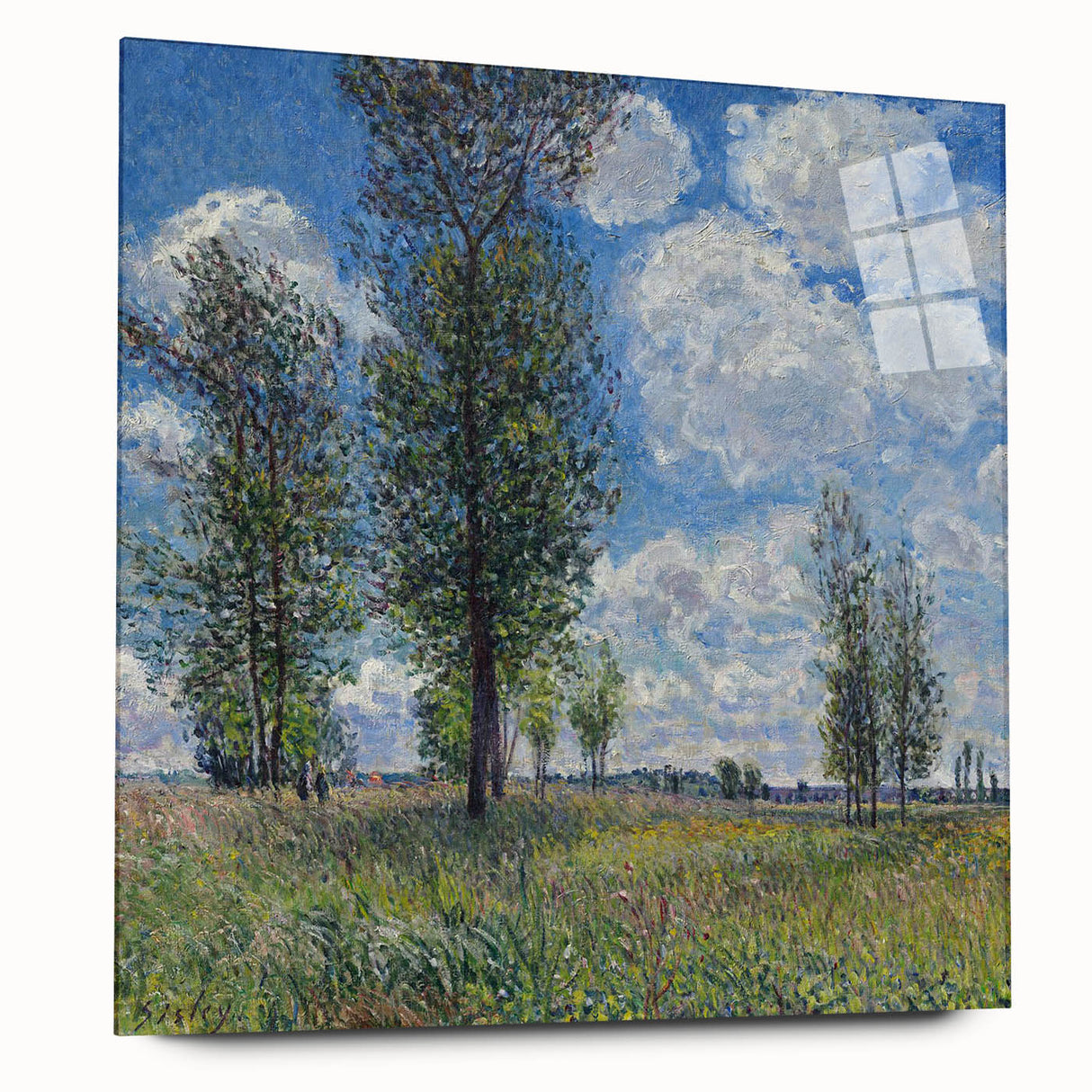 Large abstract wall art by Alfred Sisley on acrylic glass, featuring muted green and blue tones.