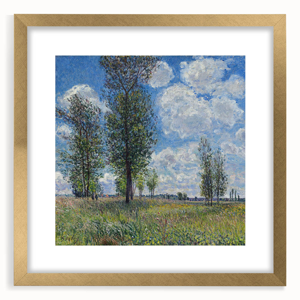 Extra large abstract art print featuring textured brush strokes in muted earth tones, framed in gold.