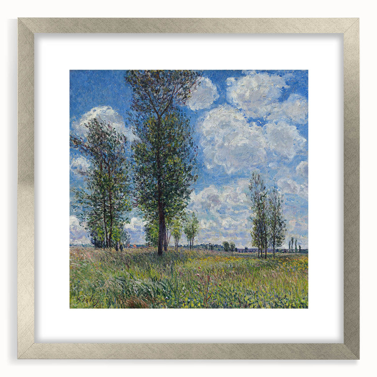 Textured abstract art print in soft blue and gray hues, framed in silver, suitable for bedroom decor.
