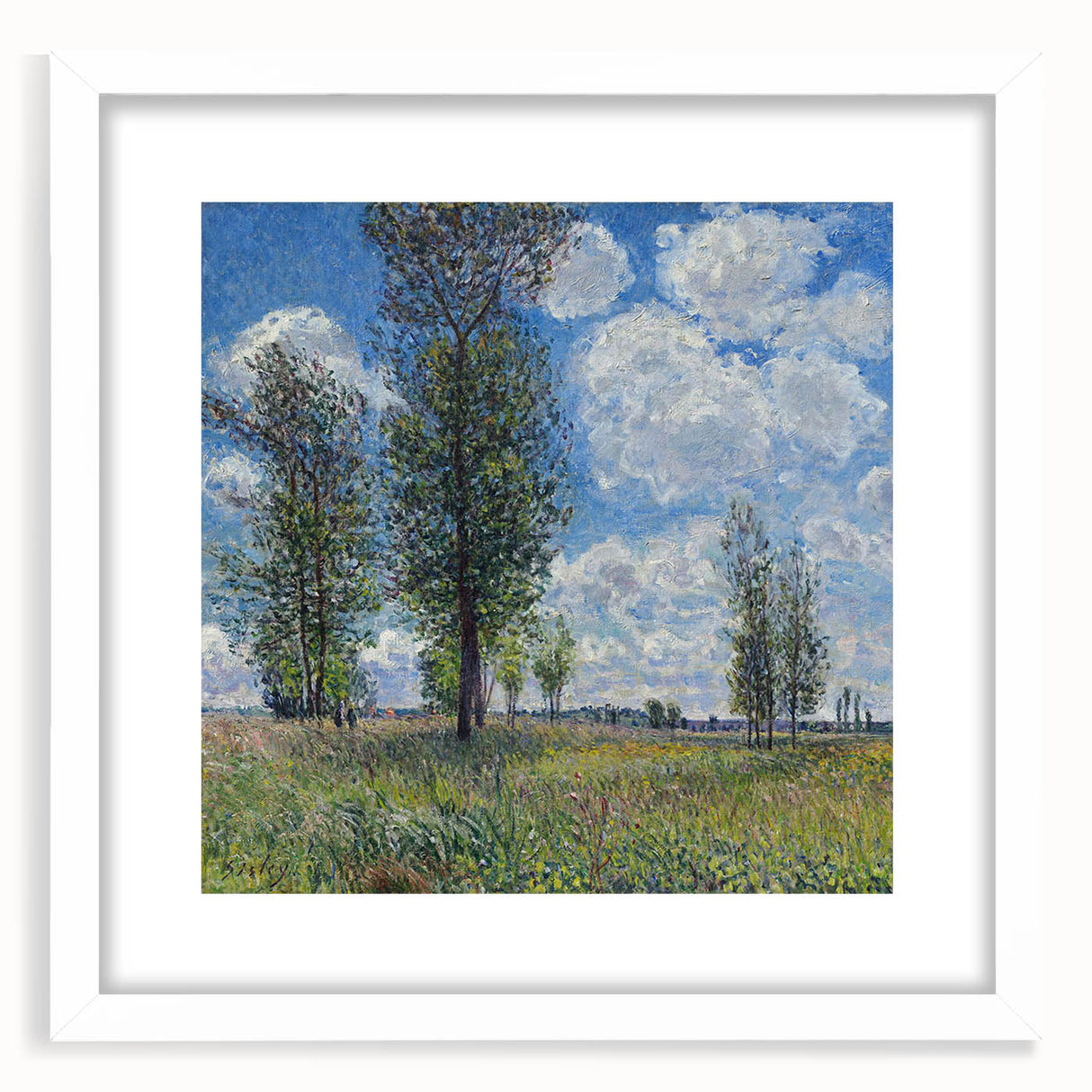 Abstract art print of a serene river landscape in soft blue and green hues on a white framed canvas.