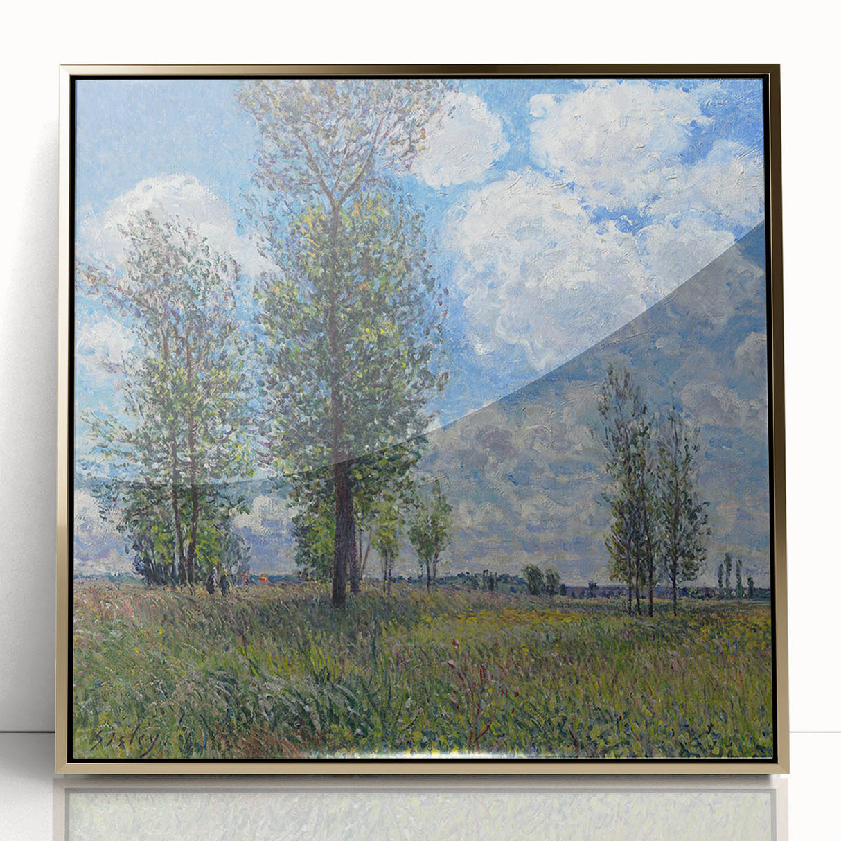 Large art print of an Alfred Sisley landscape in muted greens and blues, framed in gold acrylic.