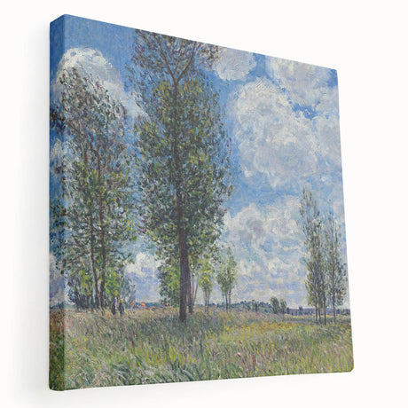 Alfred Sisley-inspired landscape on large stretched canvas, featuring soft green and blue tones, ideal for kitchen wall art.