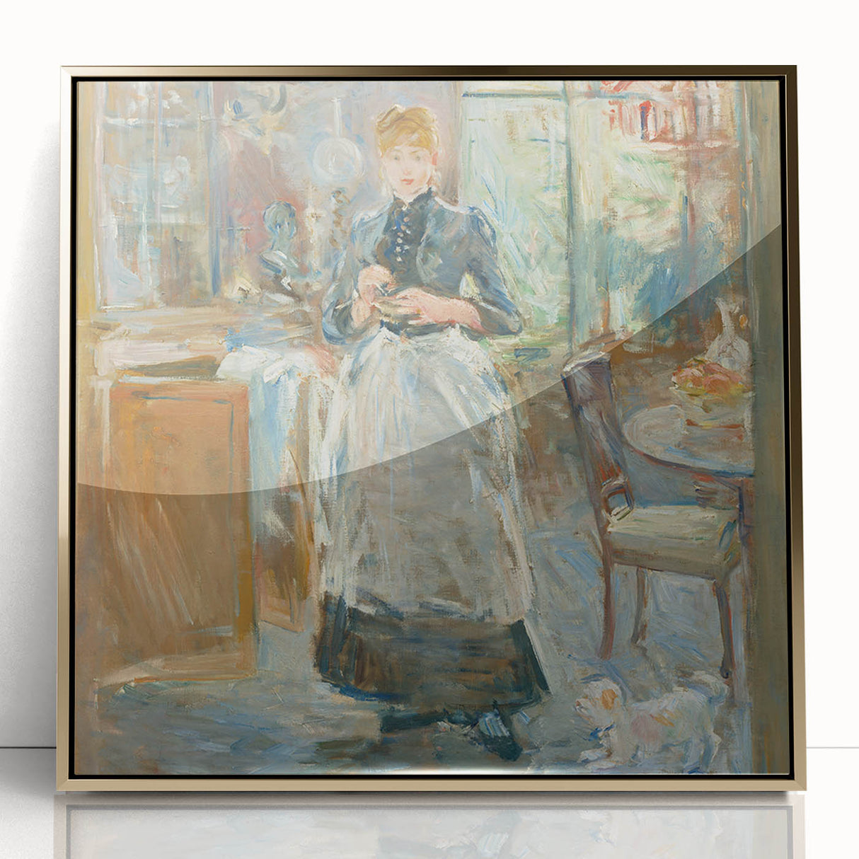 Mid-century modernist art print of Berthe Morisot's work in gold frame, featuring soft pastel hues.