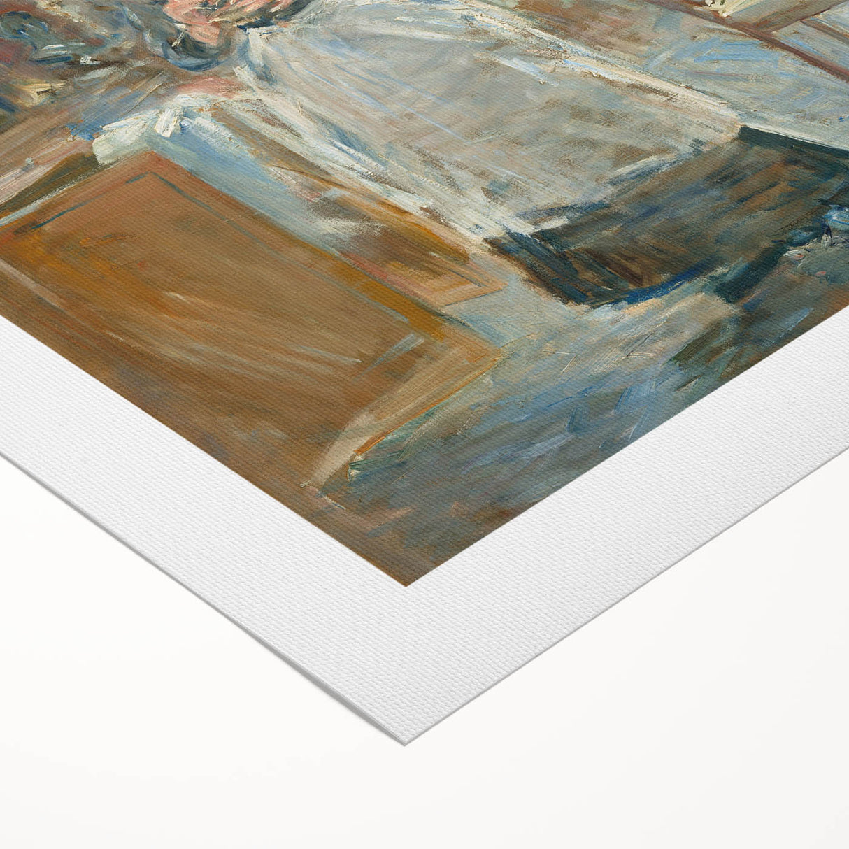 Art deco poster featuring geometric patterns and muted gold and teal tones on rolled canvas, suitable for dining room decor.
