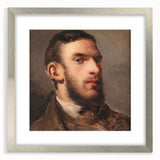 Textured abstract art print of a lush landscape in muted green and brown hues, framed in silver, ideal for bedroom decor.