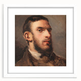 Abstract art print of a Camille Pissarro-inspired landscape in muted green and blue tones, framed in white.