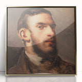 Large art print of a Camille Pissarro impressionist painting, featuring muted earth tones in a gold frame.