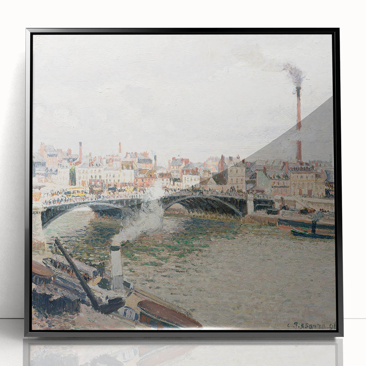 Large abstract wall art of a vibrant cityscape in mid-century modernist style on framed acrylic.