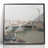 Large abstract wall art of a vibrant cityscape in mid-century modernist style on framed acrylic.