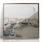 Large art print of Camille Pissarro's painting in a gold frame, featuring mid-century modernist style.