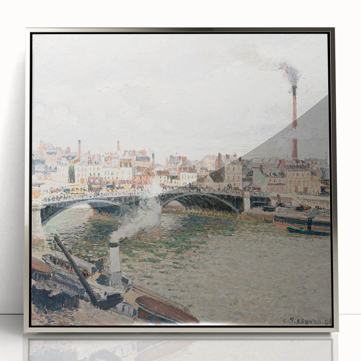 Mid-century modernist art featuring a Camille Pissarro-inspired pastoral scene, in a silver-framed acrylic.