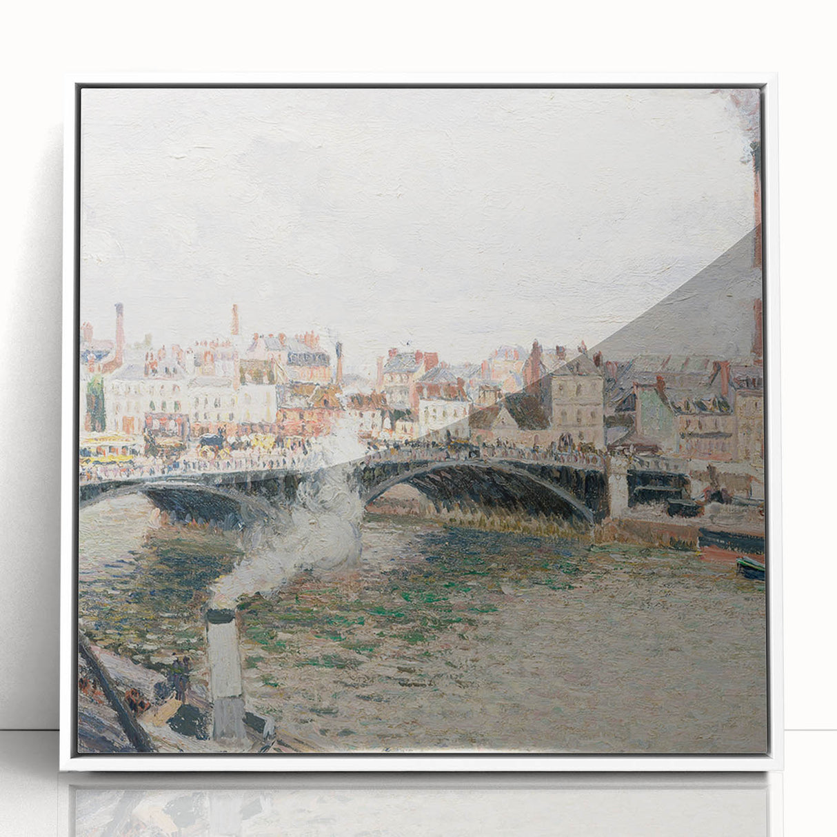 Art Deco poster of a Camille Pissarro painting, with muted earth tones in a white acrylic frame.