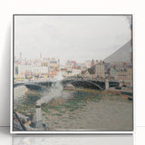 Art Deco poster of a Camille Pissarro painting, with muted earth tones in a white acrylic frame.