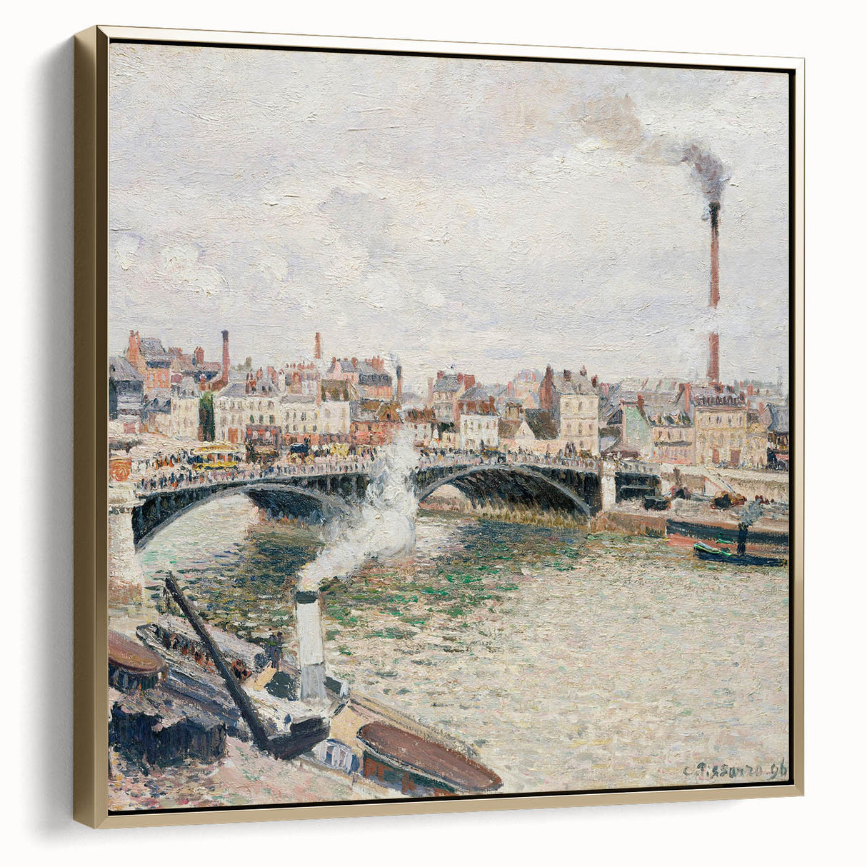 Framed canvas featuring a vintage landscape painting by Camille Pissarro, with muted earth tones, ideal for bedroom wall art.