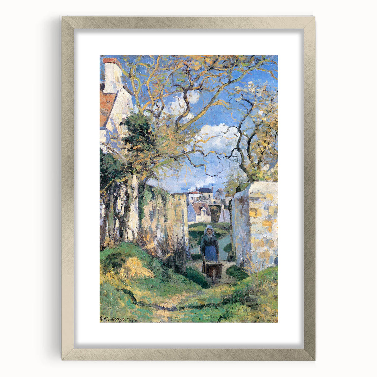 Textured art print of an abstract landscape by Camille Pissarro in silver frame, suitable for bedroom decor.