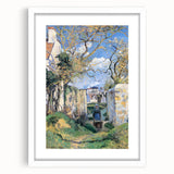 Abstract art print of a vibrant cityscape in orange and blue tones on a white framed canvas.