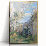 Acrylic print of Camille Pissarro's impressionist painting in gold frame, featuring soft pastel colors.