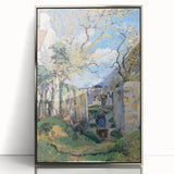 Mid-century modernist art by Camille Pissarro, featuring soft pastel hues, framed in silver acrylic.