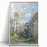 Acrylic print of Camille Pissarro's impressionist artwork, framed in white, suitable for modern nursery decor.