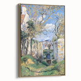 Framed canvas featuring a vintage landscape painting by Camille Pissarro in muted earth tones, ideal for bedroom wall art.