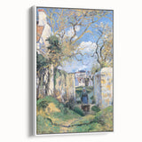 Vintage poster art featuring a Camille Pissarro design with colorful imagery on a large framed canvas.