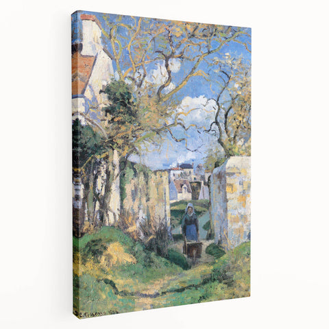 Camille Pissarro inspired impressionist artwork on stretched canvas, featuring soft pastel colors.