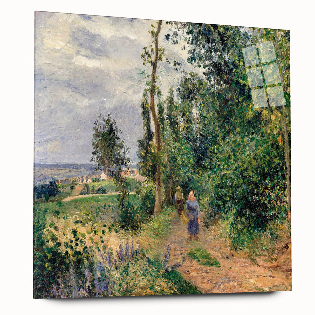 Side view of a large abstract wall art by Camille Pissarro in muted earth tones on acrylic glass.