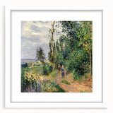 Abstract art print of a Camille Pissarro painting, featuring soft pastel colors on a white framed canvas.