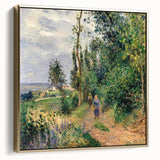 Framed canvas featuring a vintage-style landscape painting by Camille Pissarro, with muted earth tones.