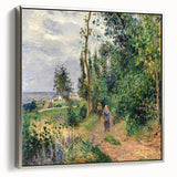 Framed canvas of a Camille Pissarro landscape painting, featuring vibrant green and blue hues, ideal for living room decor.