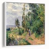 Extra large framed canvas of a vintage poster art featuring a Camille Pissarro design in colorful hues.