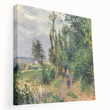 Side view of a stretched canvas featuring Camille Pissarro's impressionist artwork with lush green and earth tones.