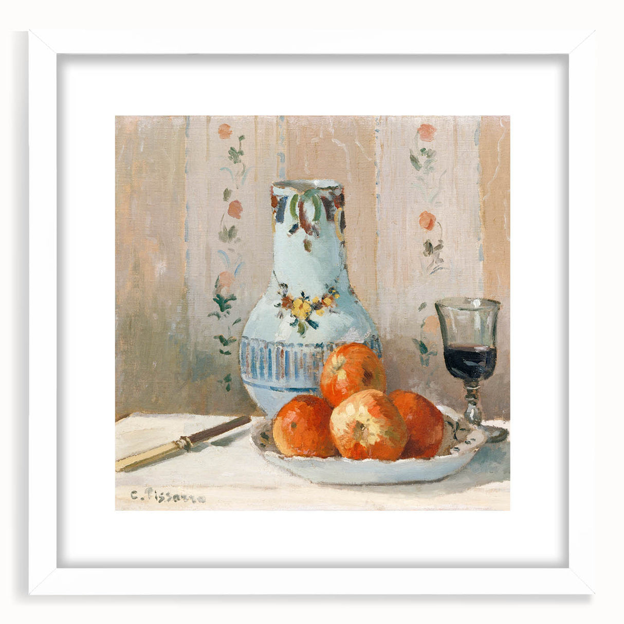 Abstract art print of a Camille Pissarro design in muted earth tones on a framed white canvas, ideal for dining room decor.