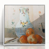 Art deco poster featuring a Camille Pissarro painting, muted colors on white framed acrylic.