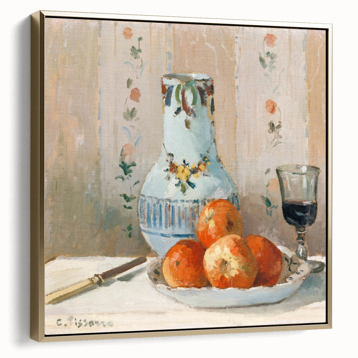 Framed canvas depicting a Camille Pissarro landscape painting in subdued earth tones, ideal for bedroom wall art.
