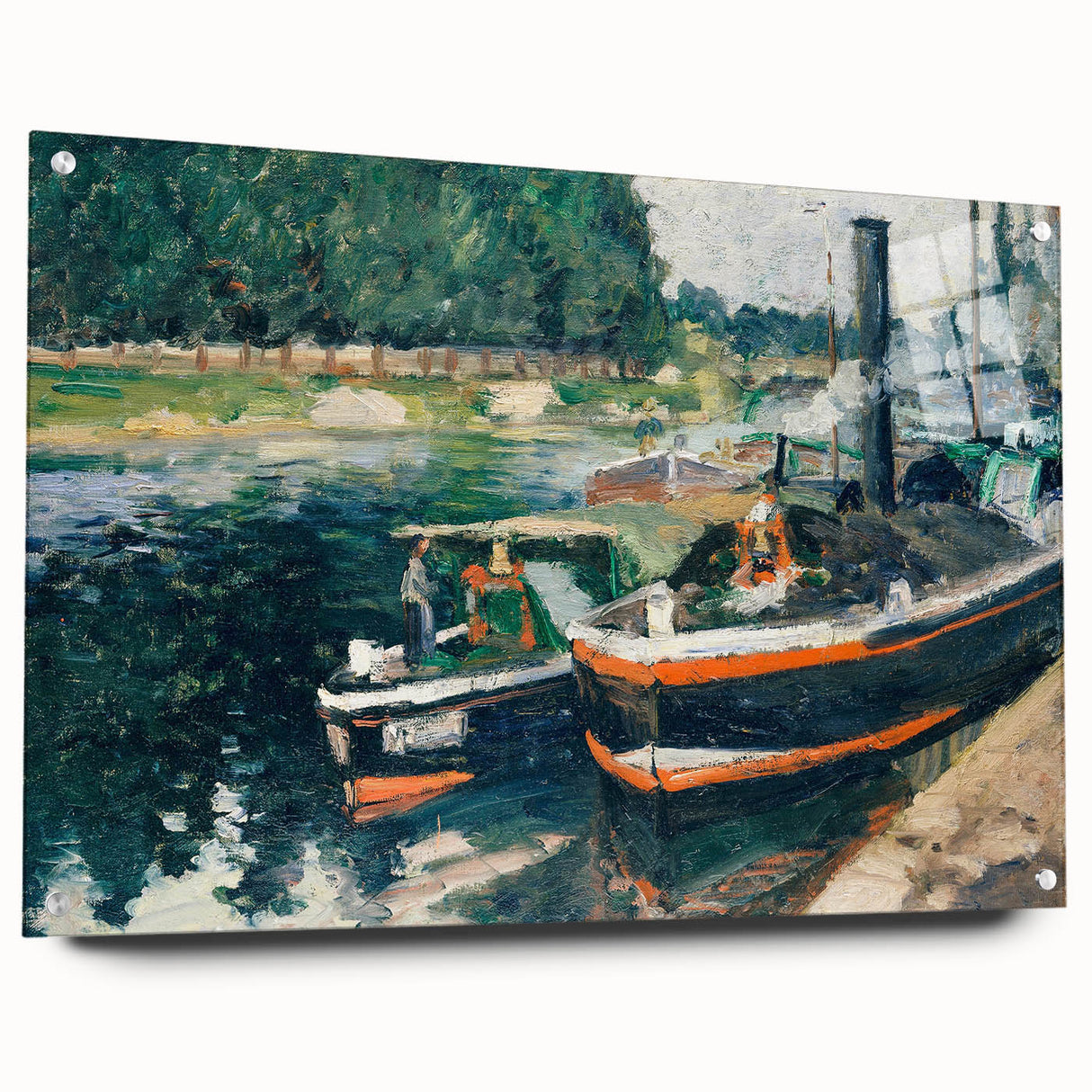 Side view of a Camille Pissarro-inspired large abstract wall art on acrylic glass, with a predominance of earthy tones.