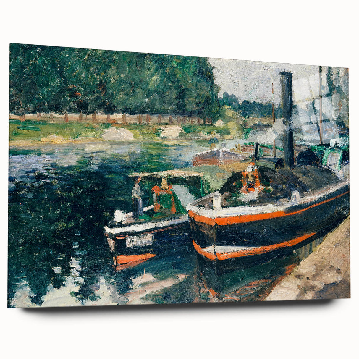 Side view of Camille Pissarro inspired large abstract wall art on acrylic glass, with earthy and green tones.