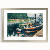 Textured abstract art print of a serene landscape in muted green and blue tones, framed in silver, ideal for bedroom decor.