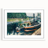 Abstract art print of a vibrant, colorful landscape on a white-framed canvas, ideal for dining room decor.