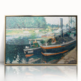 Mid-century modernist art by Camille Pissarro, featuring a rural landscape in muted greens and blues.