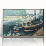 Mid-century modernist art by Camille Pissarro, featuring a pastoral scene in soft green and blue tones.