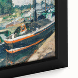 Close-up of a framed canvas featuring textured, colorful art by Camille Pissarro, with black accents.